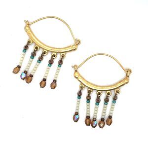 Gold Tone Beaded Dangle Hoop Earrings | Boho Fringe Earrings | Vintage Statement